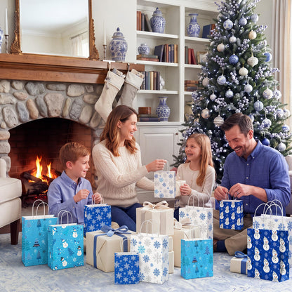 Blue Toile Christmas Kraft Gift Bags, Set of 18