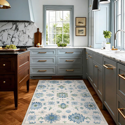 Washable Area Rug, Delft Blue Vintage Floral