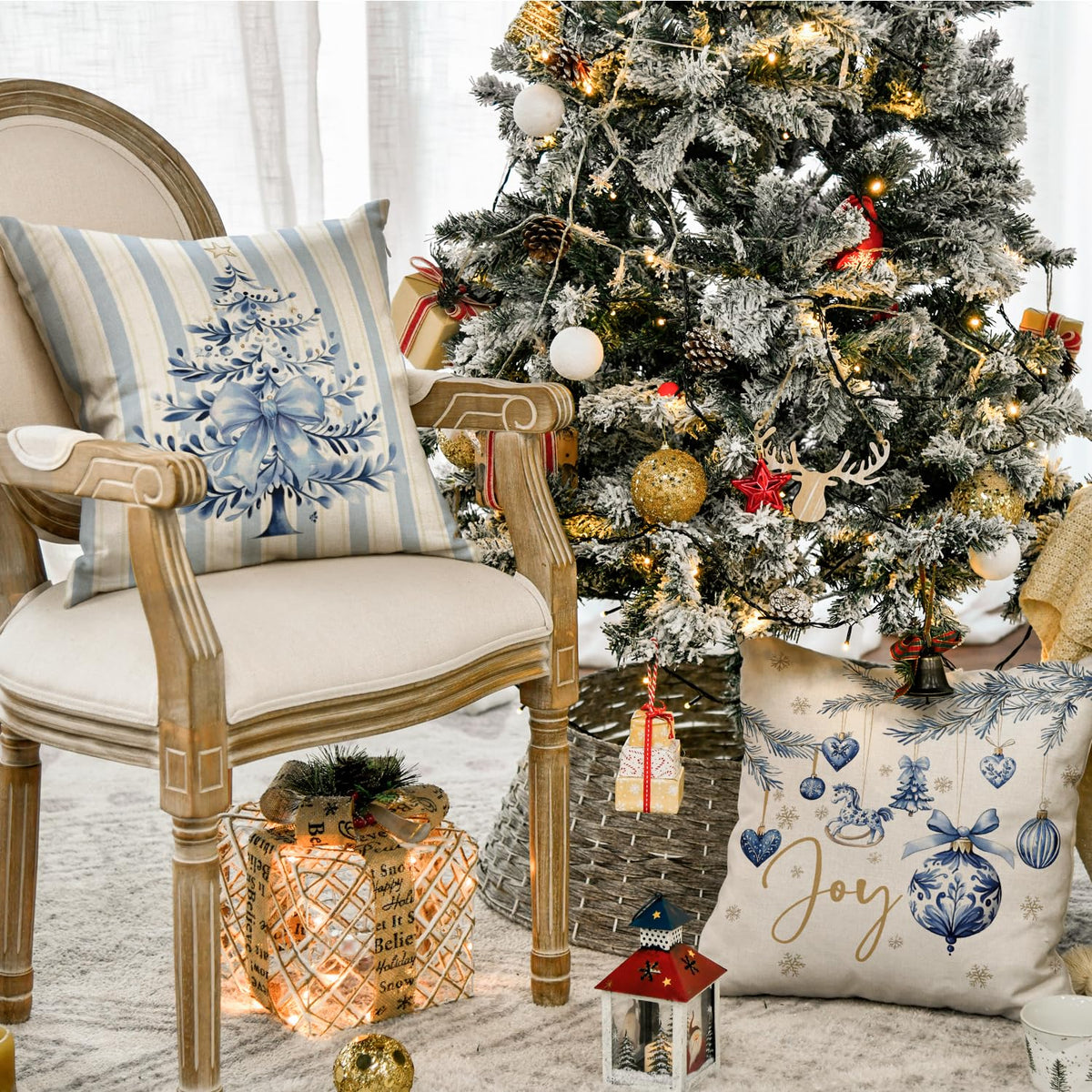 Blue Stripe Christmas Pillow Covers, Set of 4