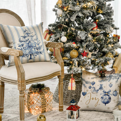 Blue Stripe Christmas Pillow Covers, Set of 4