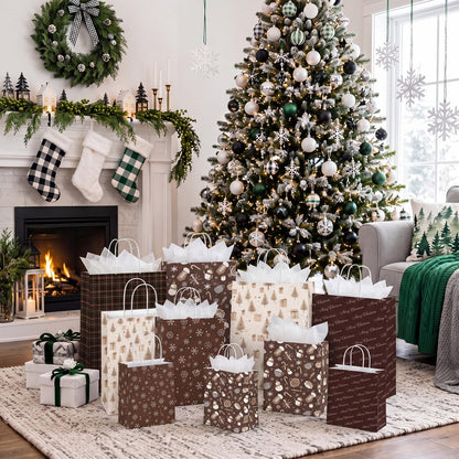 Blue Toile Christmas Kraft Gift Bags, Set of 18