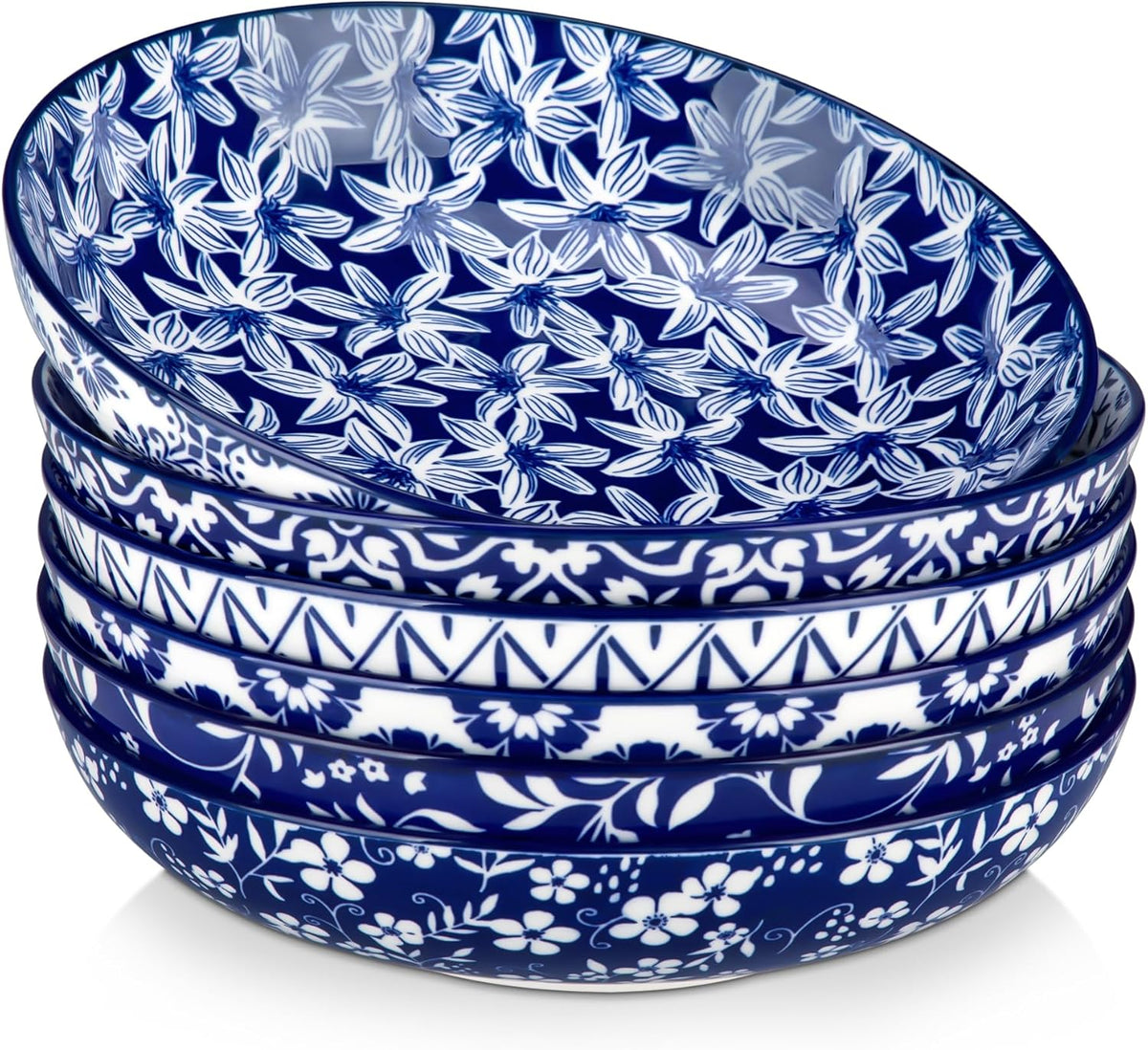 Blue and White Floral Pasta Bowls, Set of 6