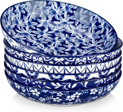 Blue and White Floral Pasta Bowls, Set of 6