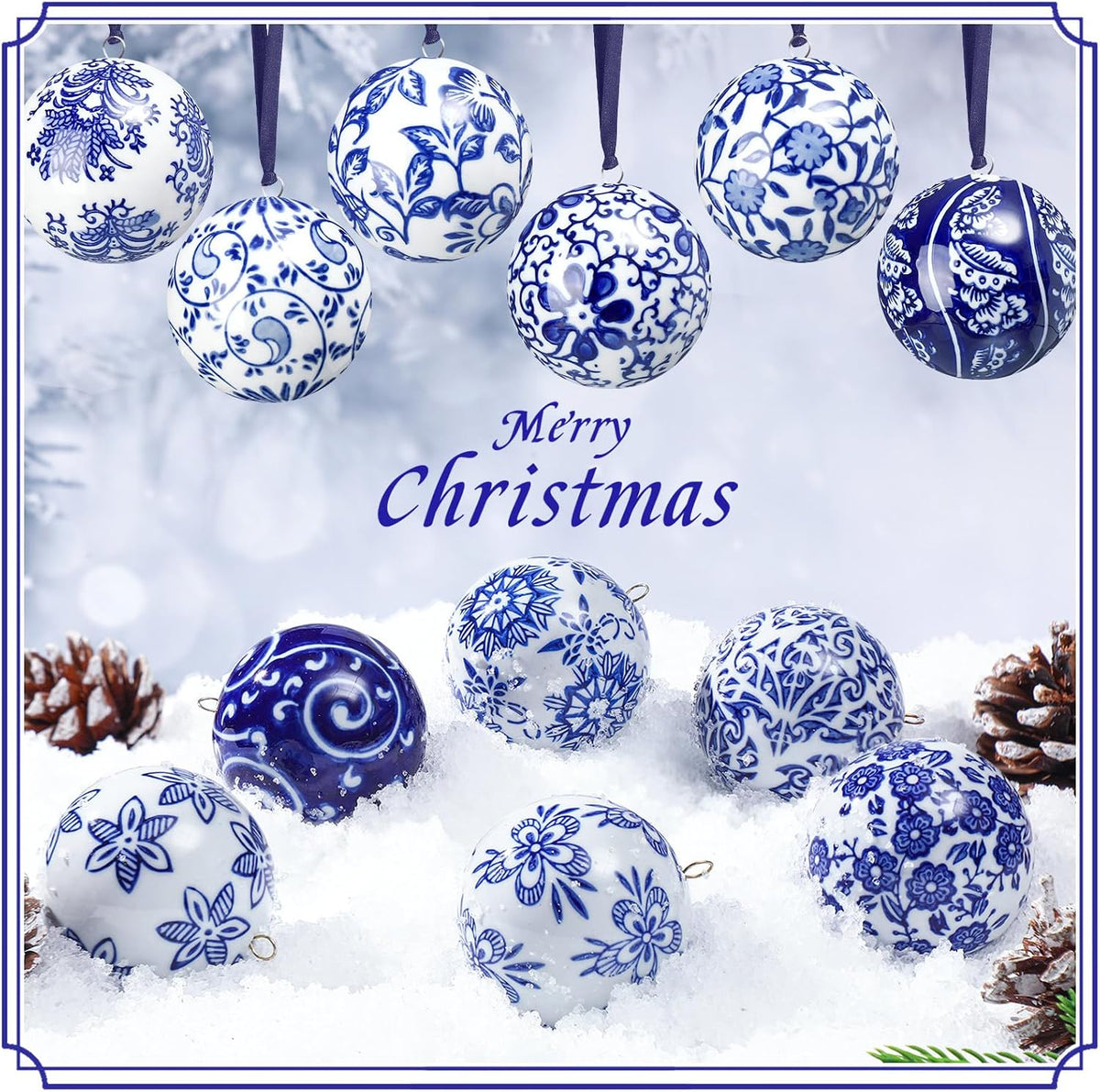 Blue and White Porcelain Christmas Balls, Set of 6 or 12