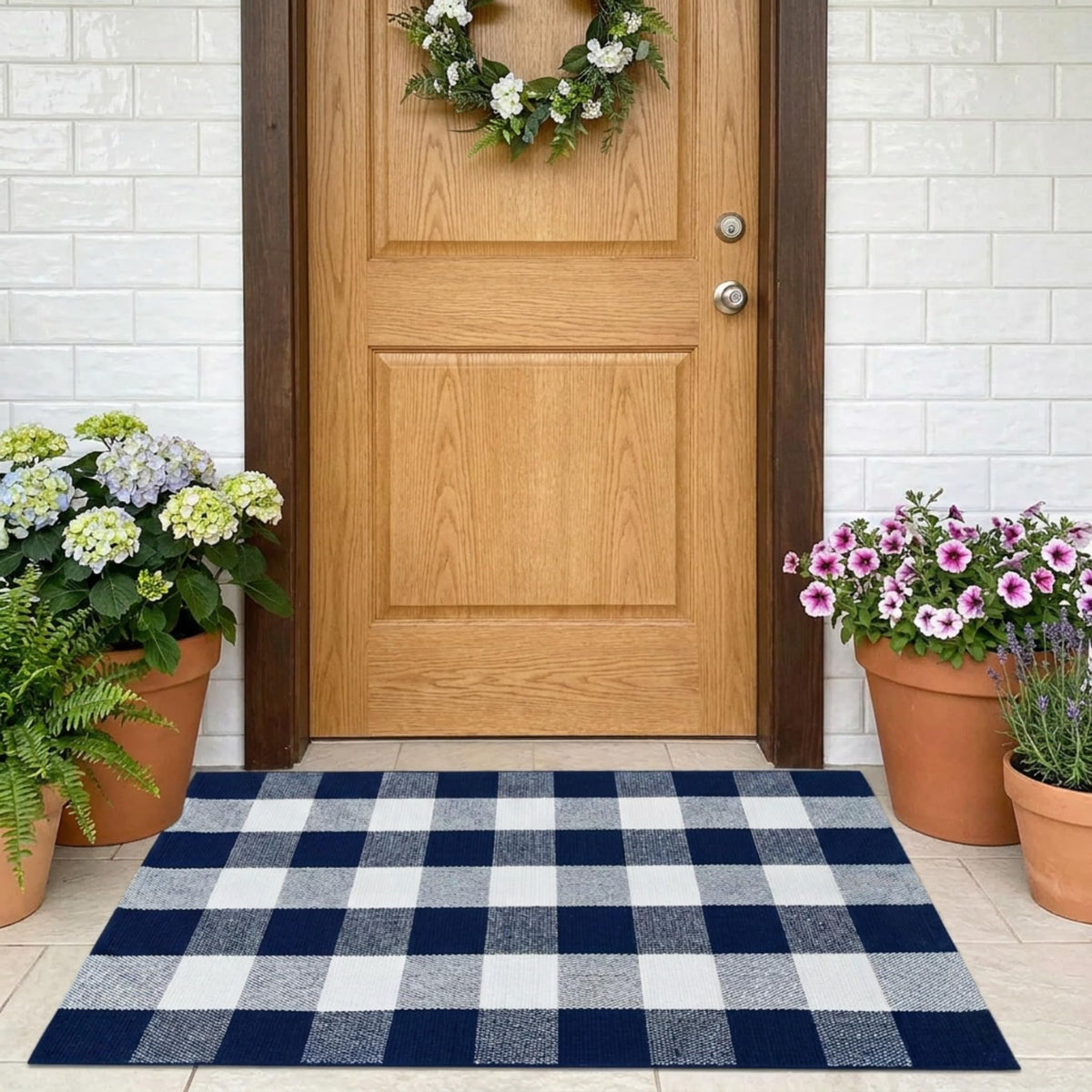 SEEKSEE Blue Buffalo Plaid Porch Rug, 27.5x43