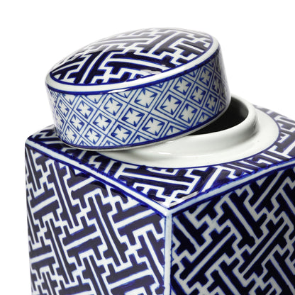 Square Ceramic Ginger Jar with Lid, Blue and White