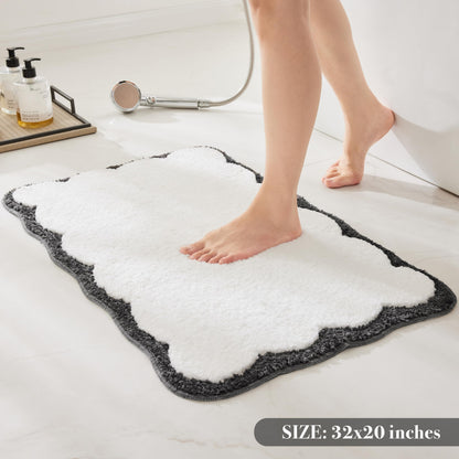 White Scalloped Bath Mat with Blue Piping