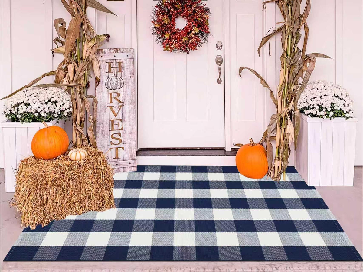 Light Blue Buffalo Plaid Cotton Door Mat, 24x35