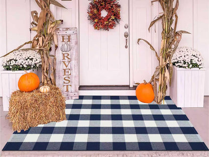 Light Blue Buffalo Plaid Cotton Door Mat, 24x35