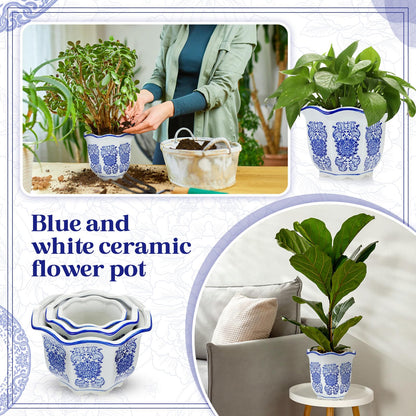 Blue and White Chinoiserie Planters with Saucers, Set of 3