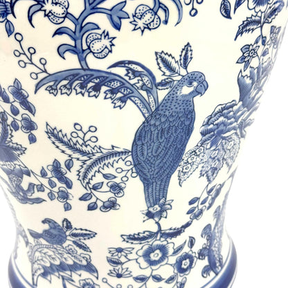 Large 25 Inch Blue and White Chinoiserie Temple Jar