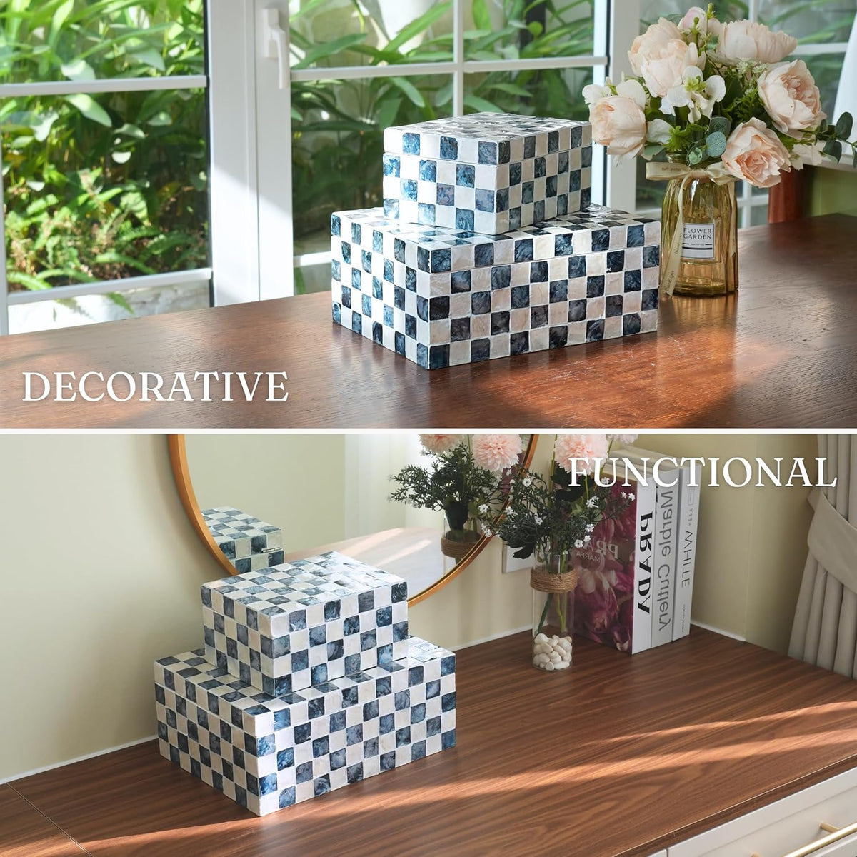 Navy Capiz Shell Storage Boxes, Set of 2