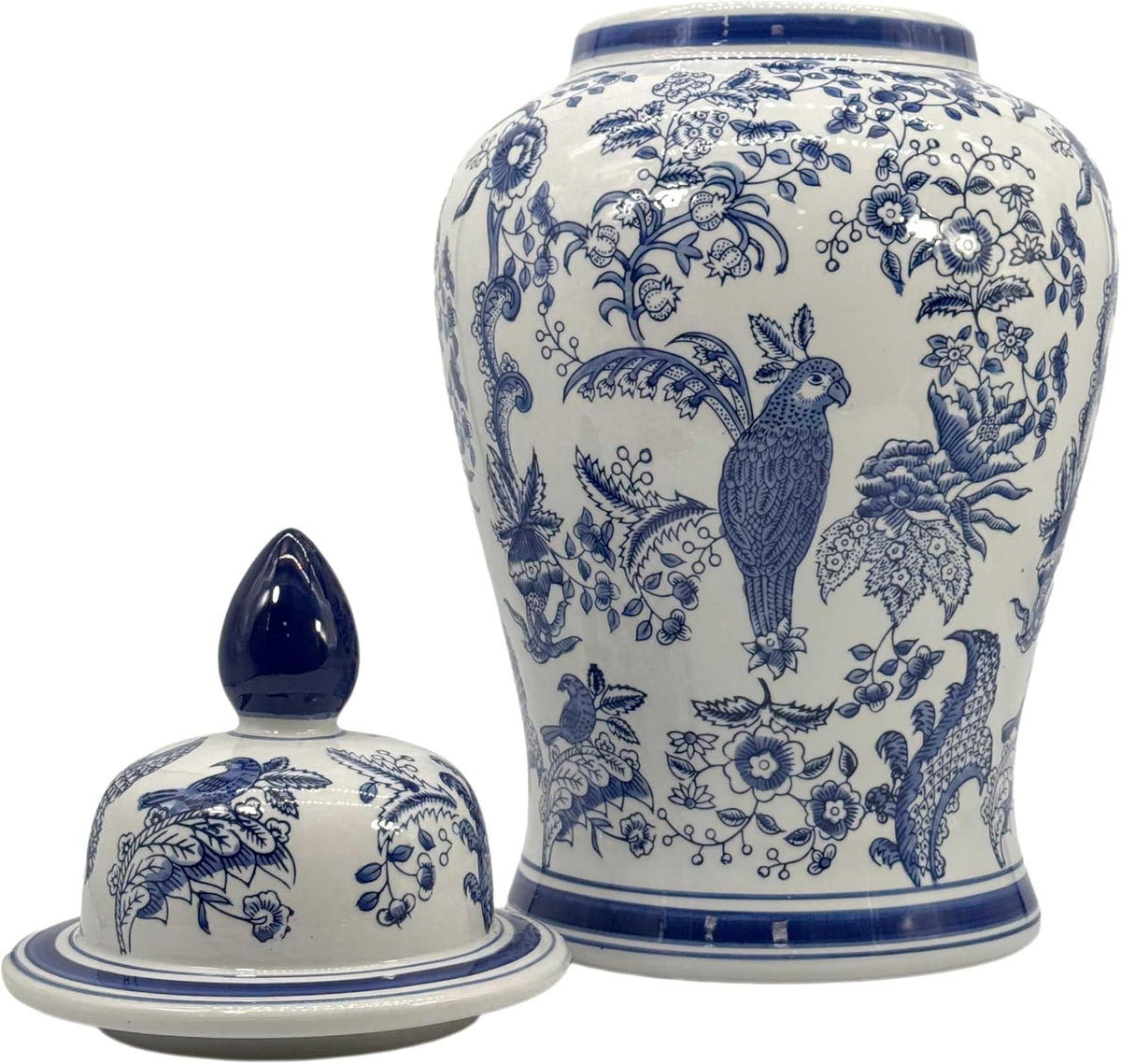 Large 25 Inch Blue and White Chinoiserie Temple Jar