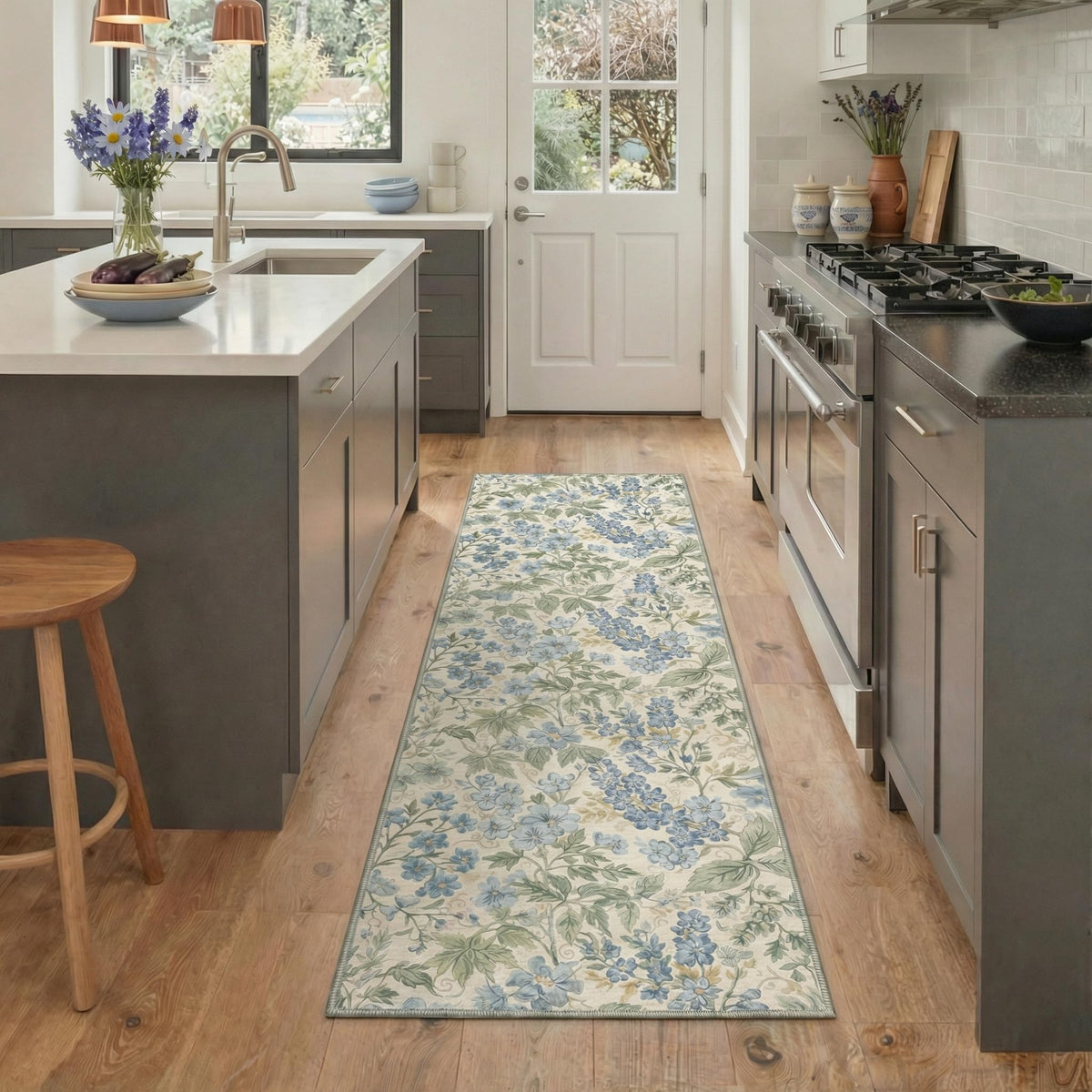 Bavni Dusty Blue Floral Washable Rug