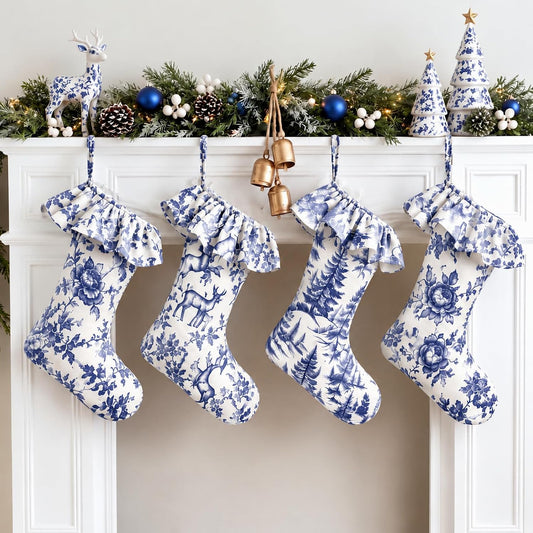 Blue Toile Ruffle Christmas Stockings, Set of 4