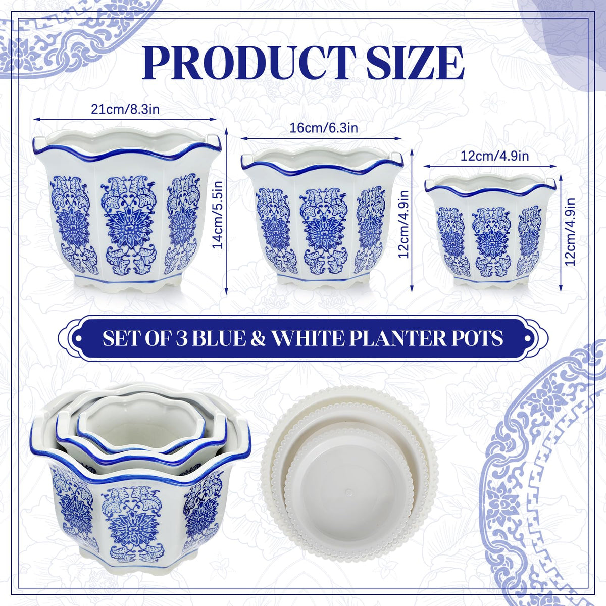 Blue and White Chinoiserie Planters with Saucers, Set of 3