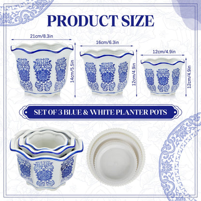 Blue and White Chinoiserie Planters with Saucers, Set of 3