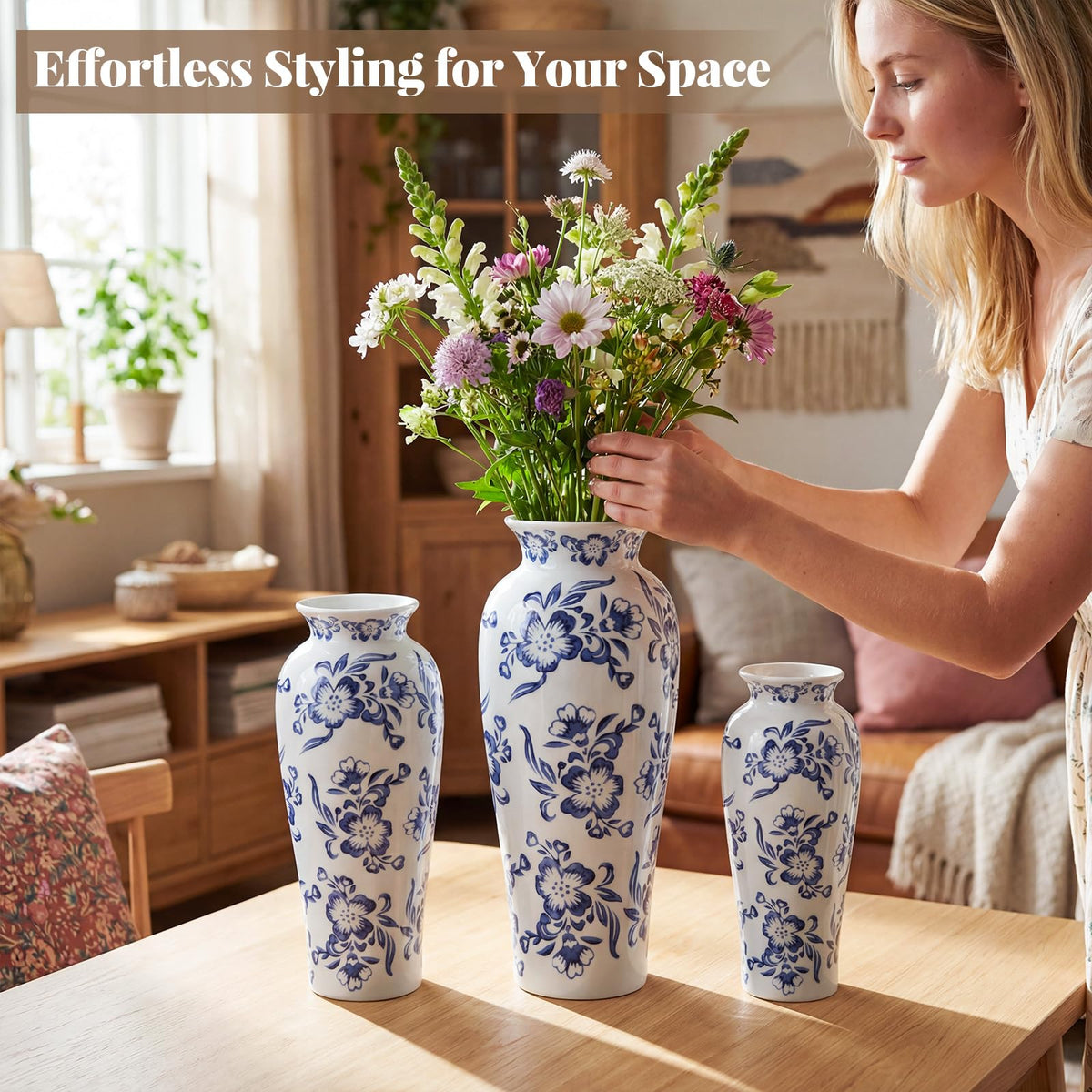 Set of 3 Blue and White Chinoiserie Vases