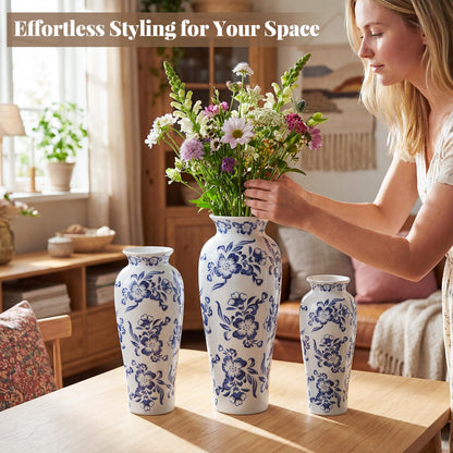 Set of 3 Blue and White Chinoiserie Vases