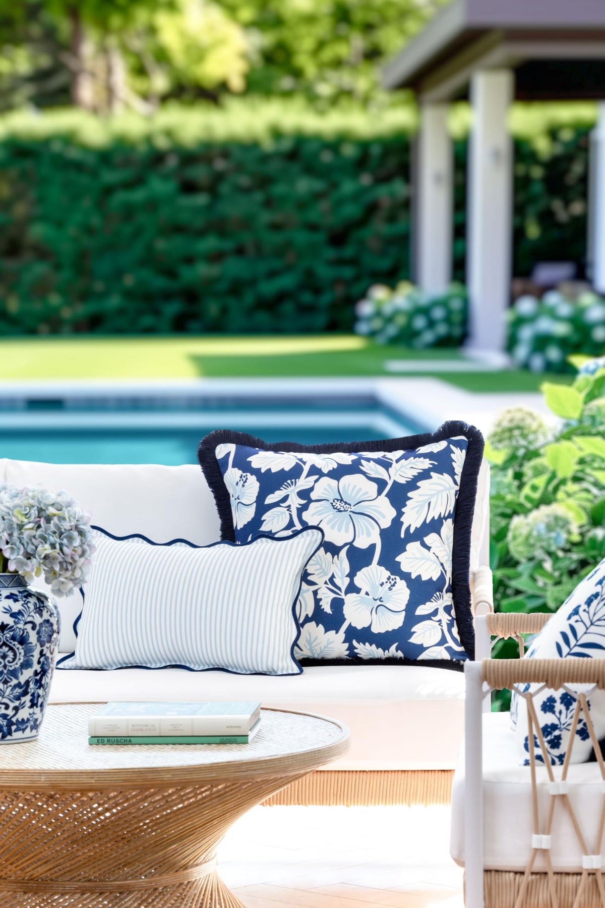 Navy Greek Key Outdoor Lumbar Pillow Cover, 12x20