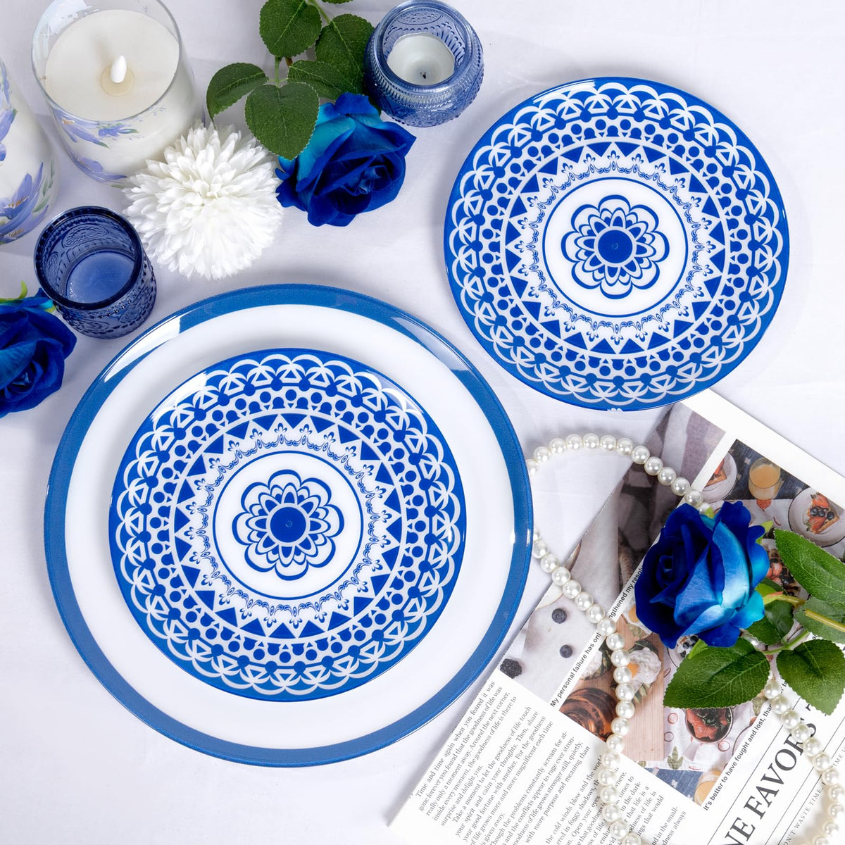 Blue Floral Plastic Plates, 60 Pieces