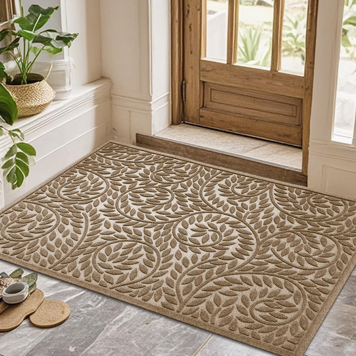 Blue Leaf Front Door Mat, Non-Slip Rubber