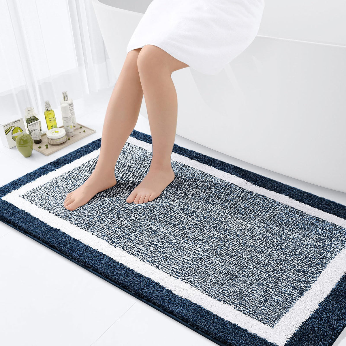 Navy and White Microfiber Bath Rug, 36 x 24