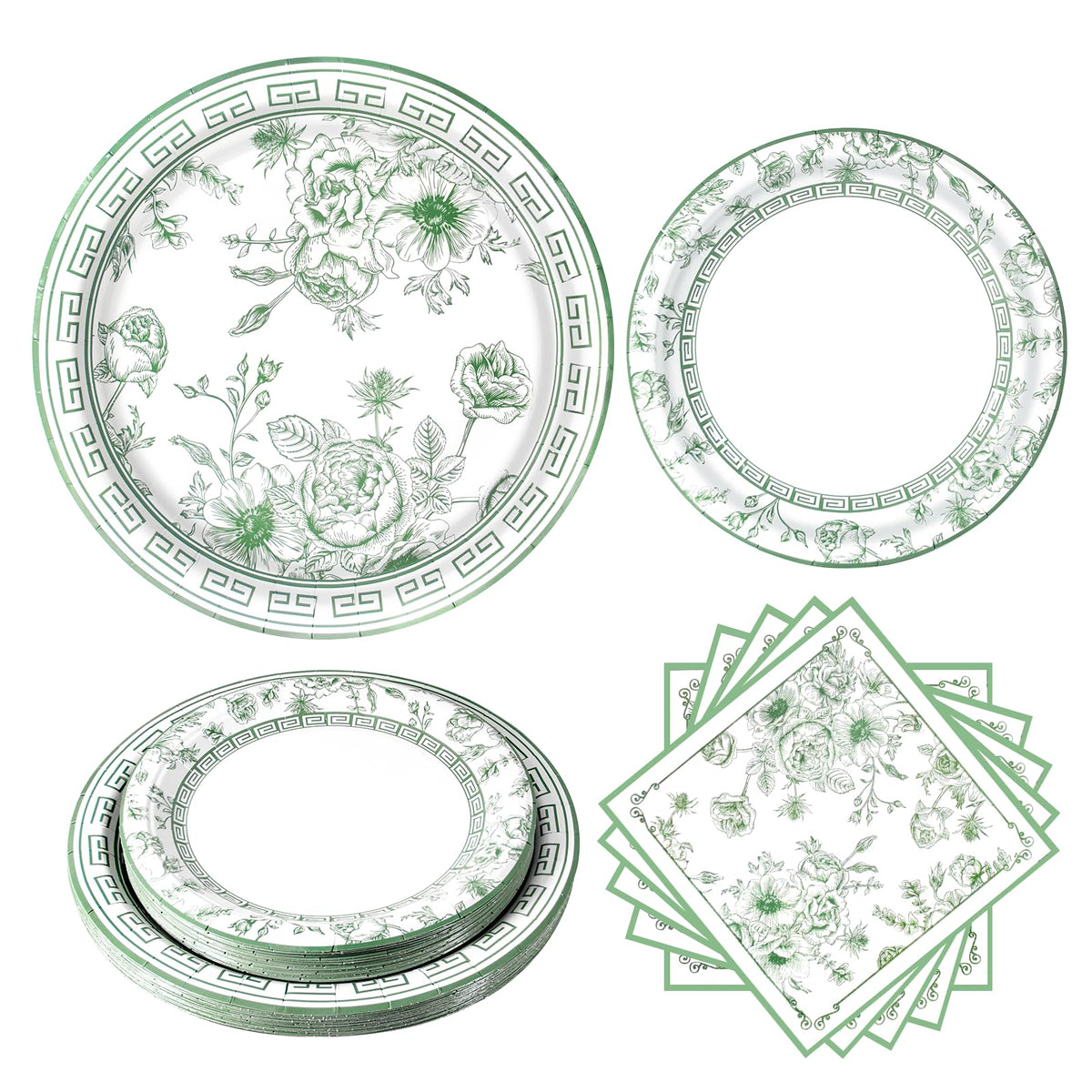 Blue and White Floral Paper Plates and Napkins, Serves 20