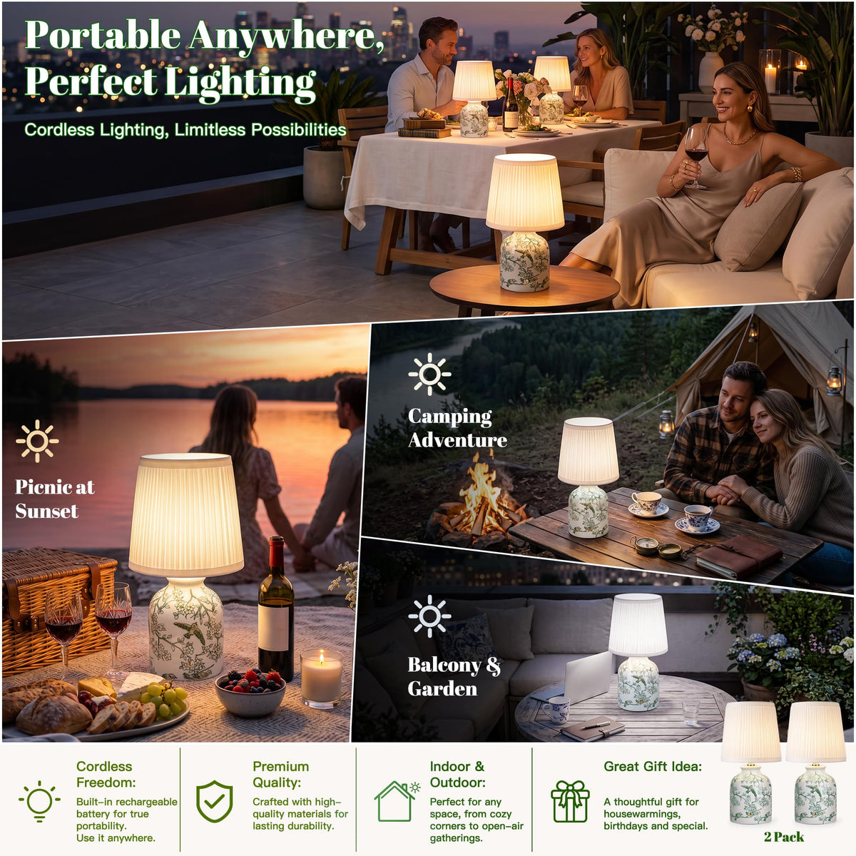 Blue and White Ceramic Cordless Lamps, Set of 2