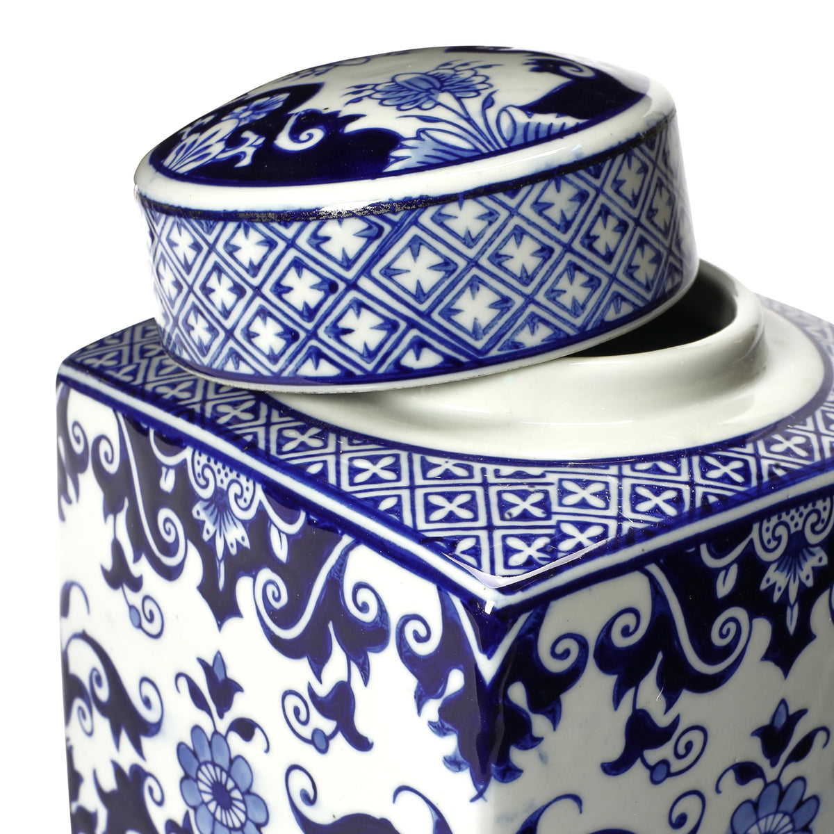 Square Ceramic Ginger Jar with Lid, Blue and White