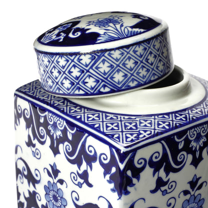 Square Ceramic Ginger Jar with Lid, Blue and White