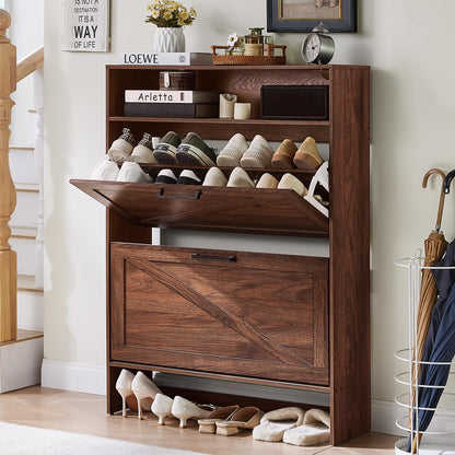 Blue Narrow Shoe Cabinet with 2 Flip Drawers