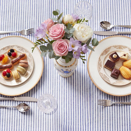 Blue and White Stripe Scalloped Tablecloth, 84 x 60