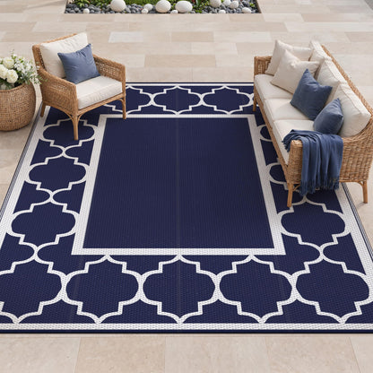 Blue and White Reversible Outdoor Rug, 5x8