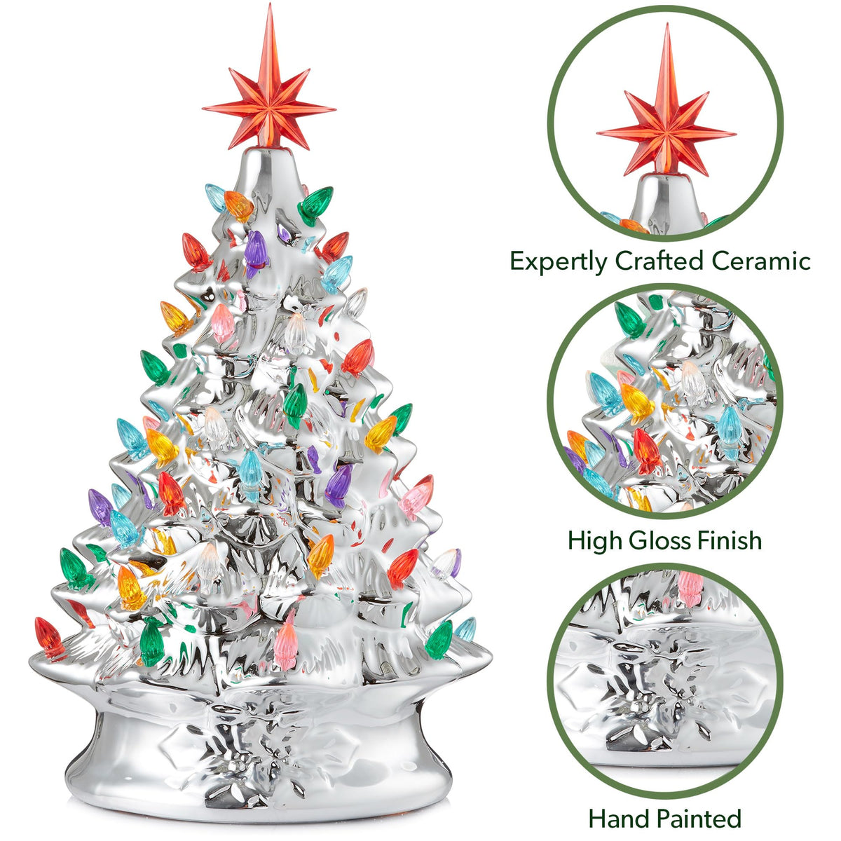 Hand Painted Ceramic Christmas Tree, 15 Inch Pre-Lit