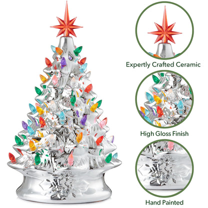 Hand Painted Ceramic Christmas Tree, 15 Inch Pre-Lit