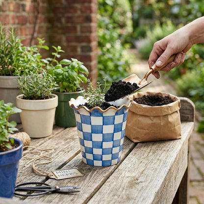Blue and White Checkered Ceramic Planter, 6 Inch
