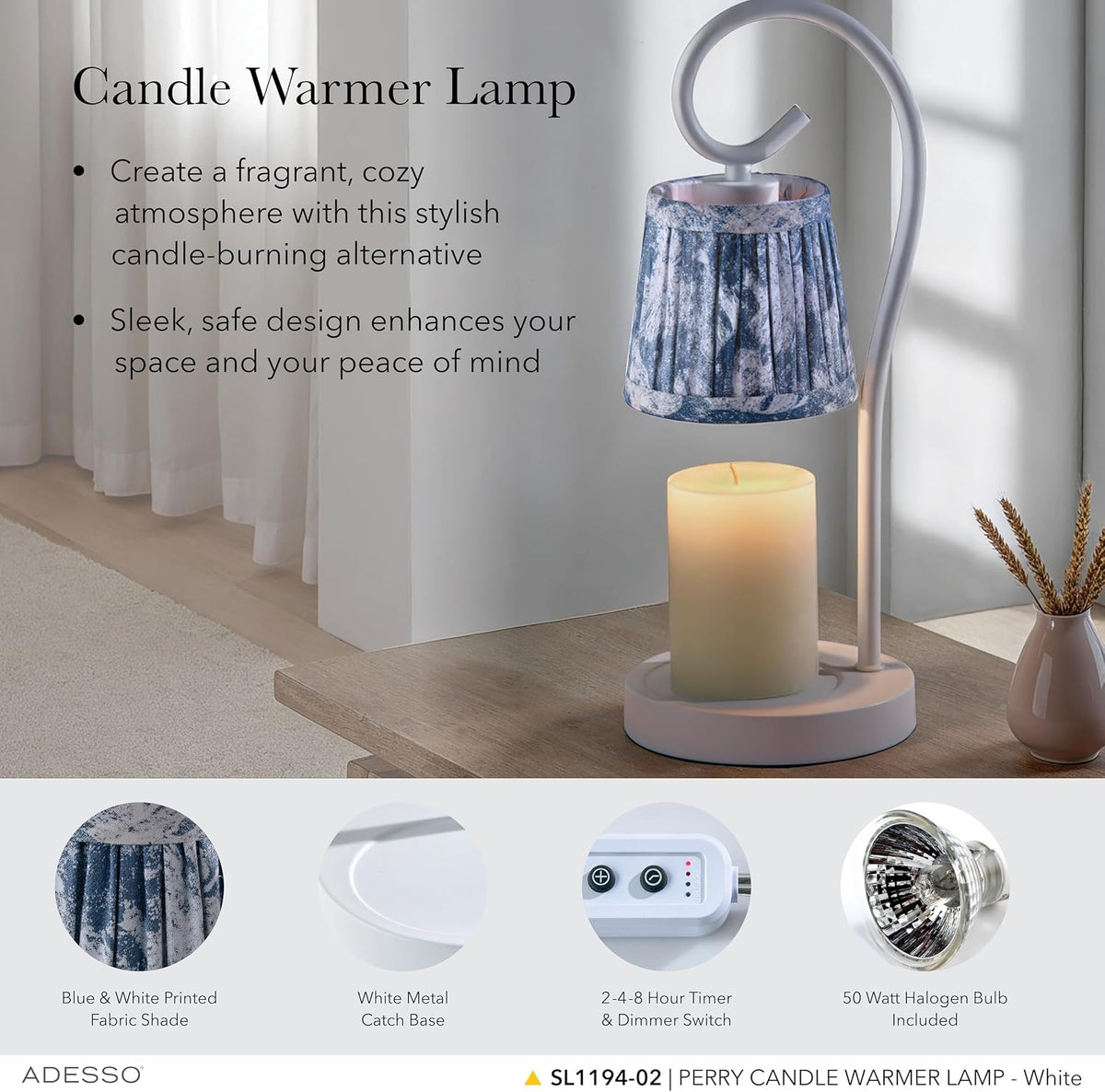 Adesso Blue Floral Candle Warmer Lamp