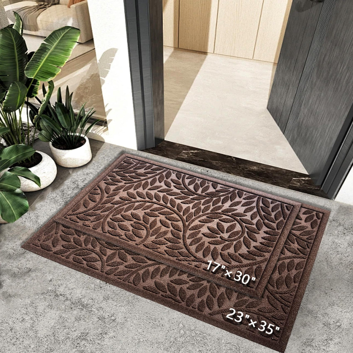 Blue Leaf Front Door Mat, Non-Slip Rubber