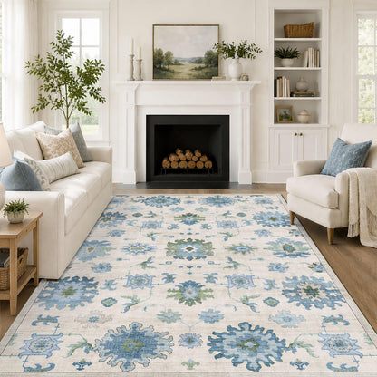 Washable Area Rug, Delft Blue Vintage Floral