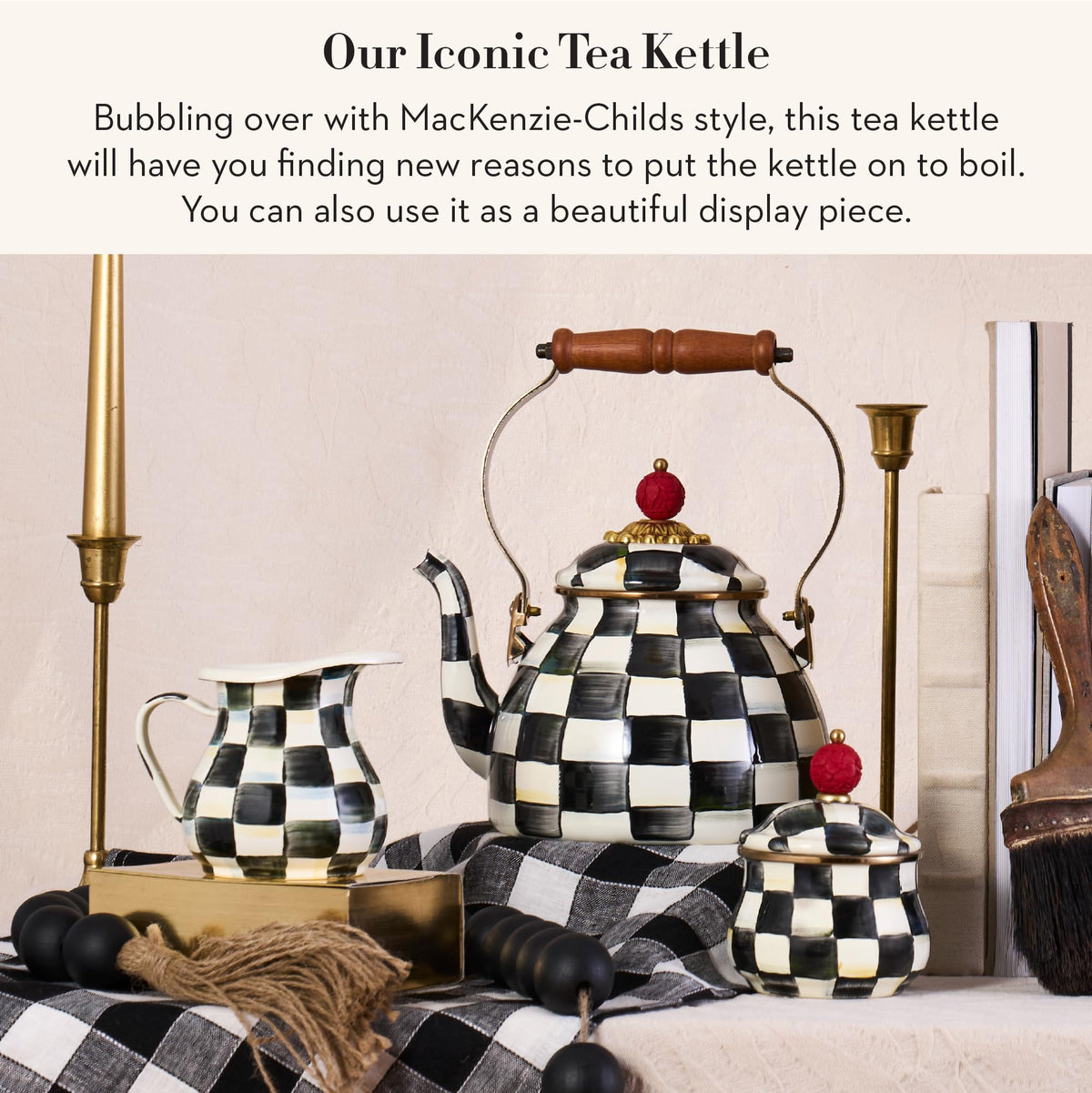 MacKenzie-Childs Enamel Tea Kettle, Royal Check