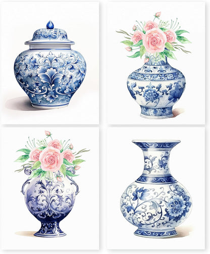 Blue and White Porcelain Vase Prints, Set of 4