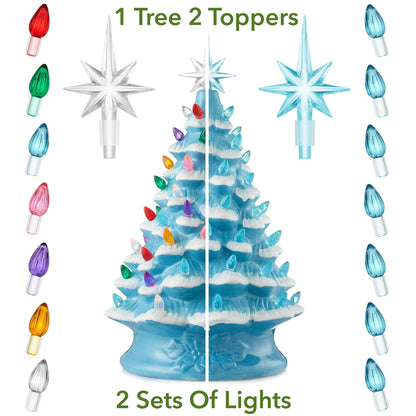 Hand Painted Ceramic Christmas Tree, 15 Inch Pre-Lit
