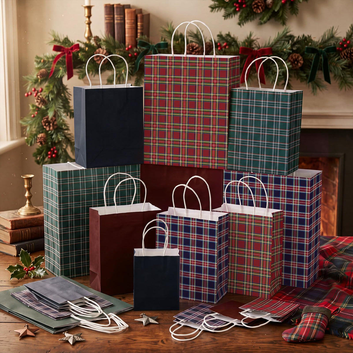 Blue Toile Christmas Kraft Gift Bags, Set of 18