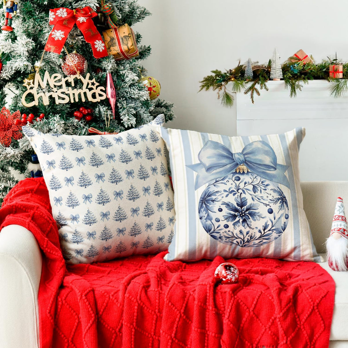 Blue Stripe Christmas Pillow Covers, Set of 4