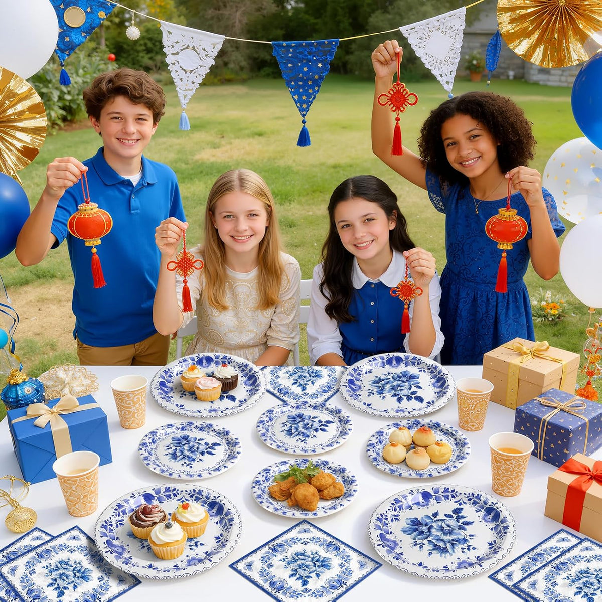 Blue and White Chinoiserie Plates and Napkins for 25