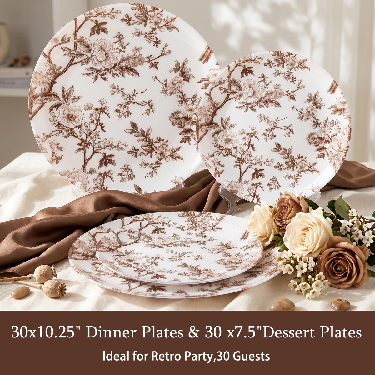 Blue Floral Plastic Plates, 60 Pieces