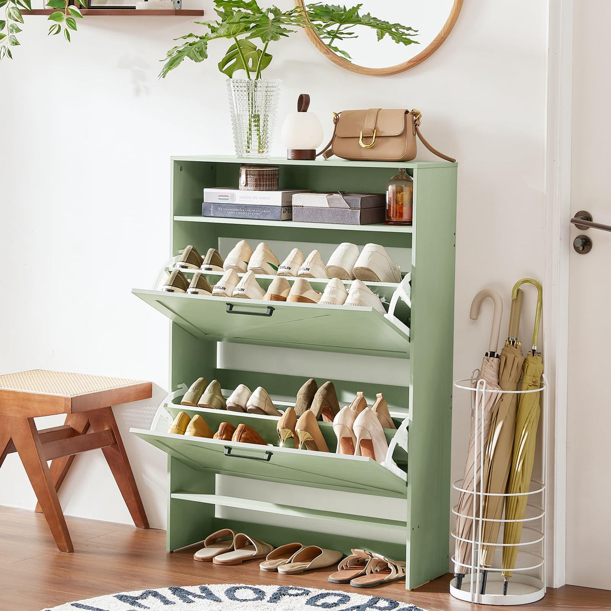 Blue Narrow Shoe Cabinet with 2 Flip Drawers