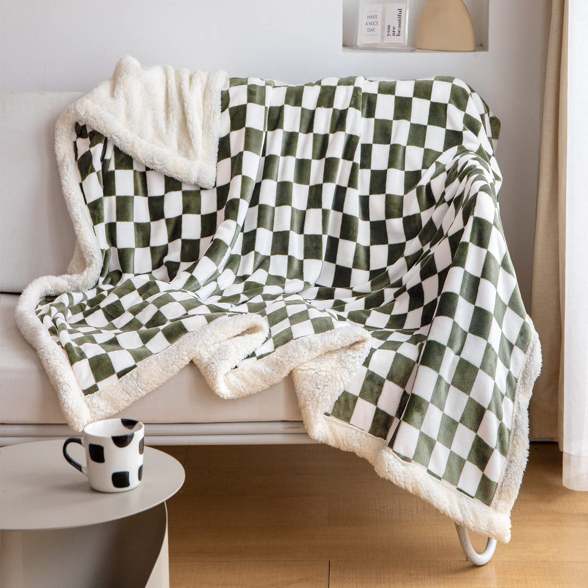 Navy Checkered Sherpa Throw Blanket
