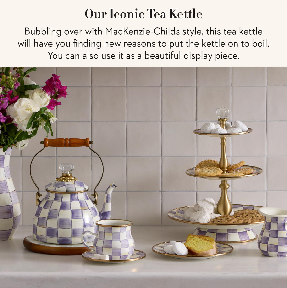 MacKenzie-Childs Enamel Tea Kettle, Royal Check